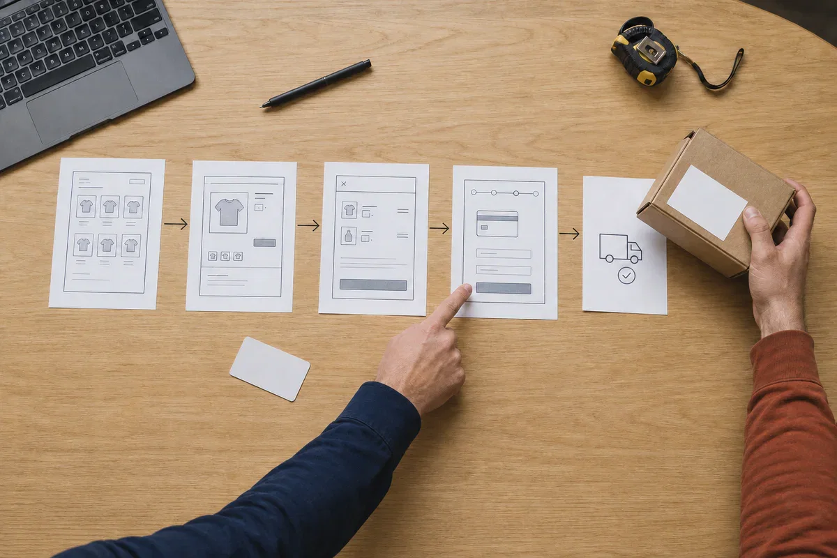 Ecommerce designer mapping product discovery, cart, checkout, and fulfilment