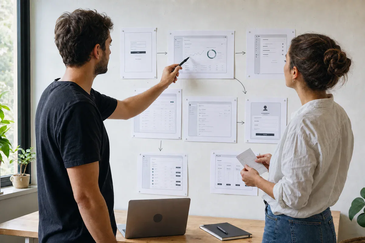 Product team reviewing physical SaaS dashboard wireframes on a planning wall