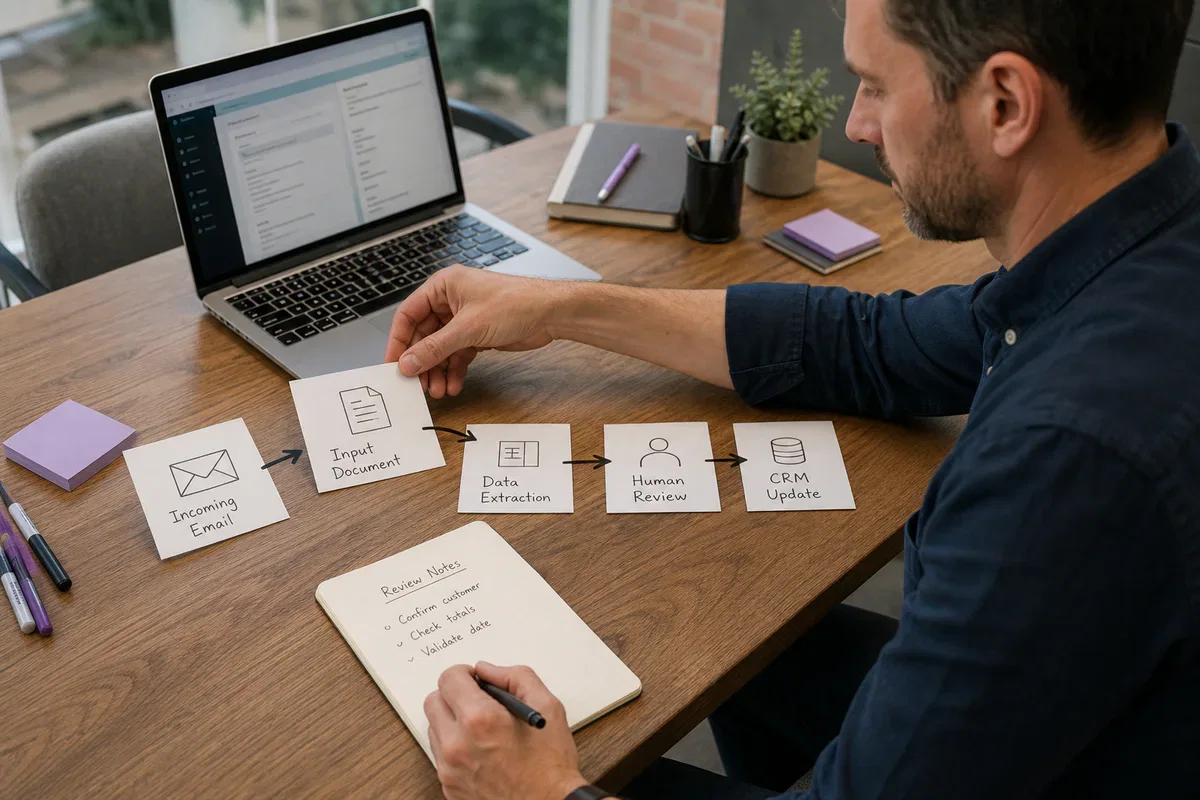 Operations specialist mapping a practical email, document, review, and CRM workflow