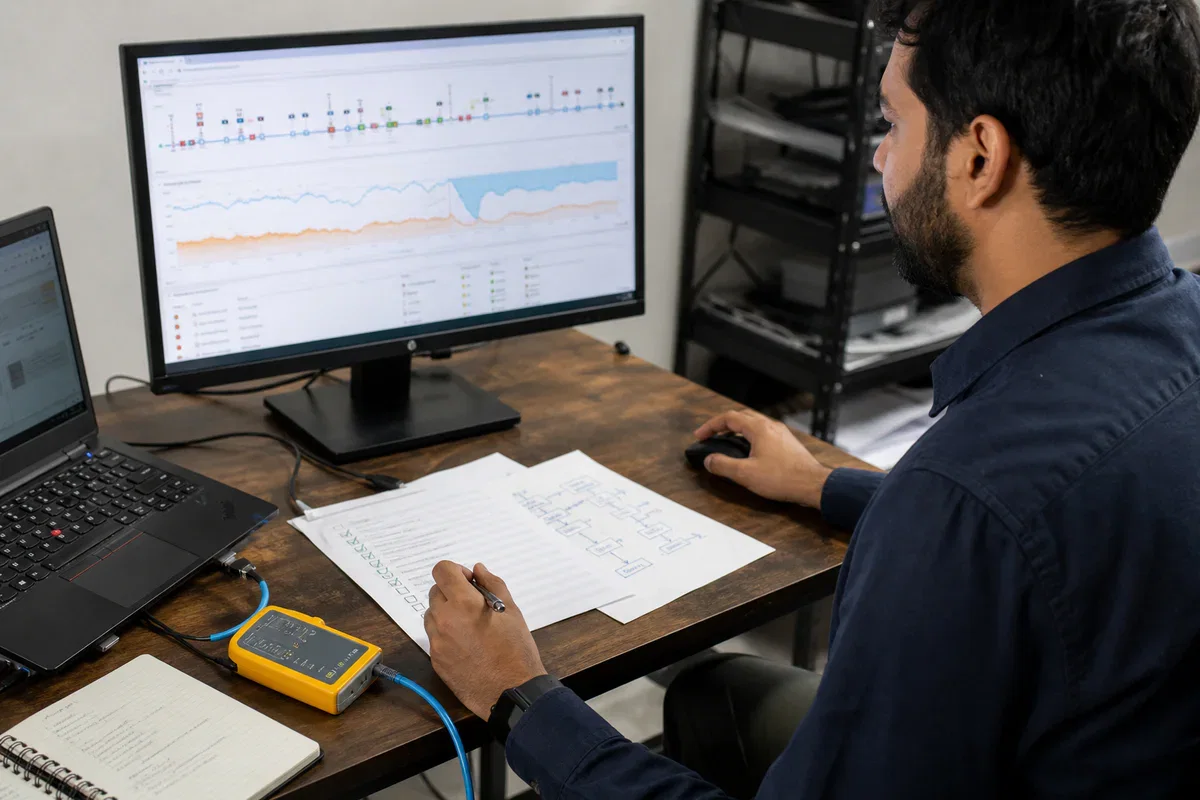 Support engineer reviewing system health and a maintenance checklist