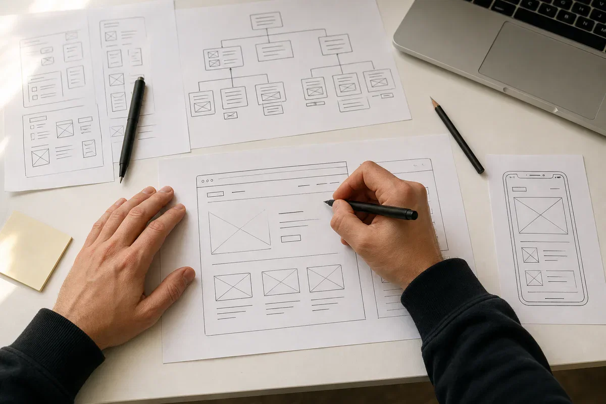 Website designer arranging real paper wireframes and a sitemap at a desk